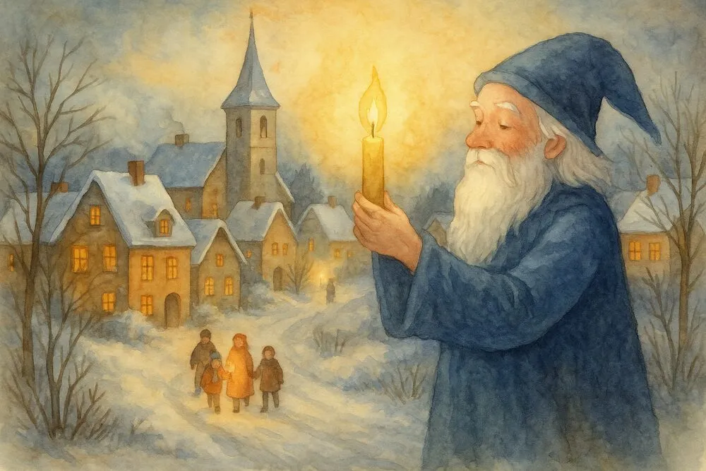 Un vecchio, che tiene una candela in mano